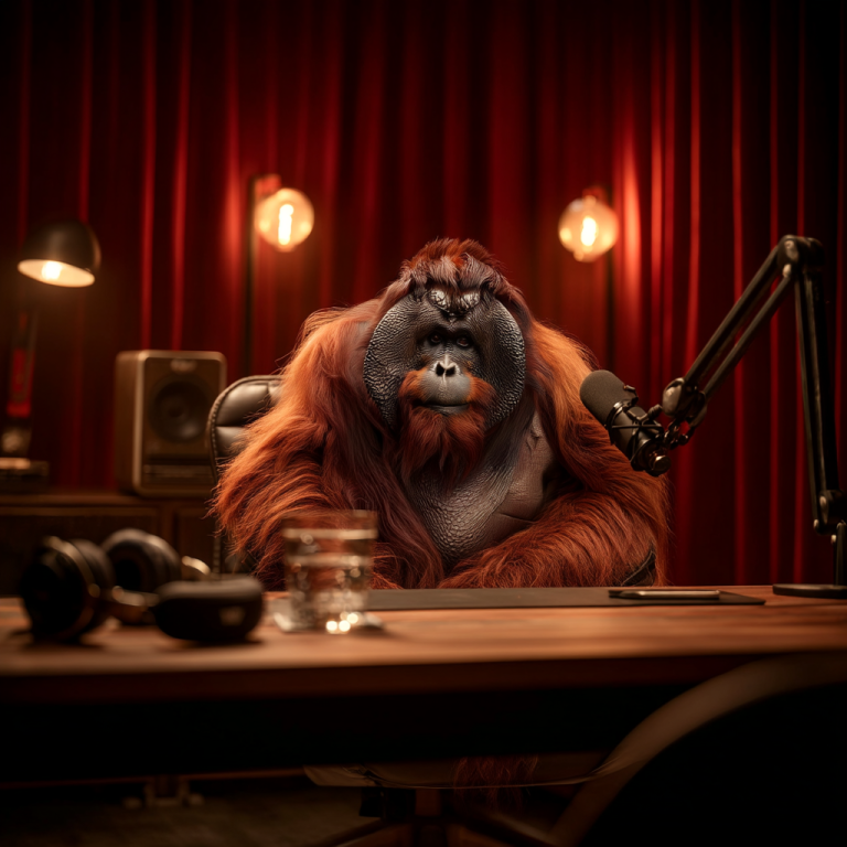 An orangutan sits calmly at a podcast desk framed by warm lights and studio gear, showing how b2b content marketing wins when a steady, confident voice turns quiet expertise into standout presence.