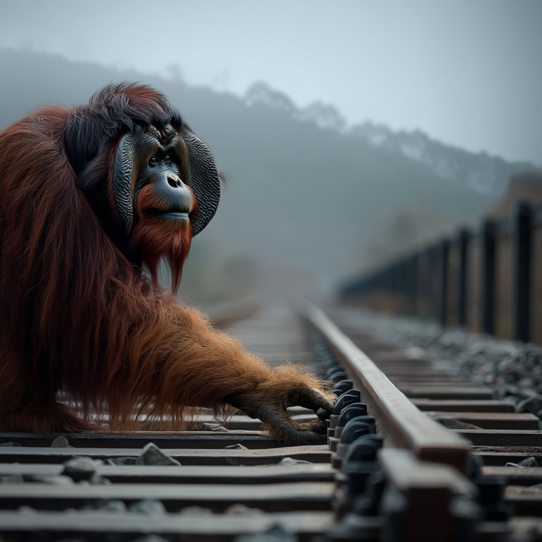 An orangutan crouched by misty train tracks, gently tightening a bolt, portraying how backlinks quietly strengthen the path toward long-term online authority.