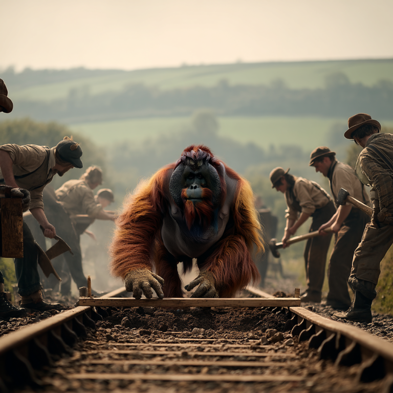 An orangutan laying railway tracks alongside human workers, symbolizing how backlinks connect distant sites with steady teamwork and direction.