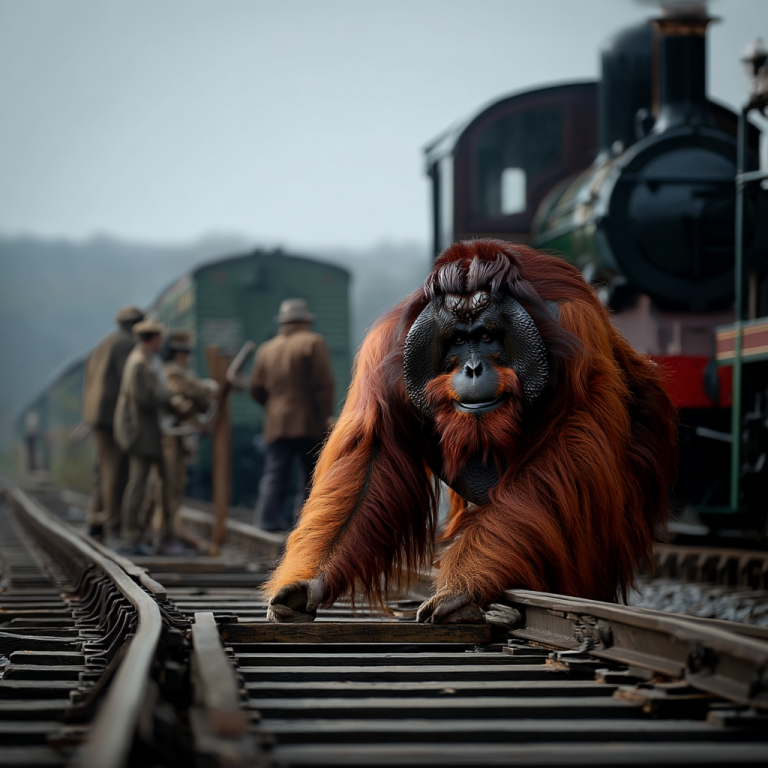 An orangutan crouched between locomotives adjusting the tracks, illustrating how backlinks align connections to keep digital traffic flowing in the right direction.