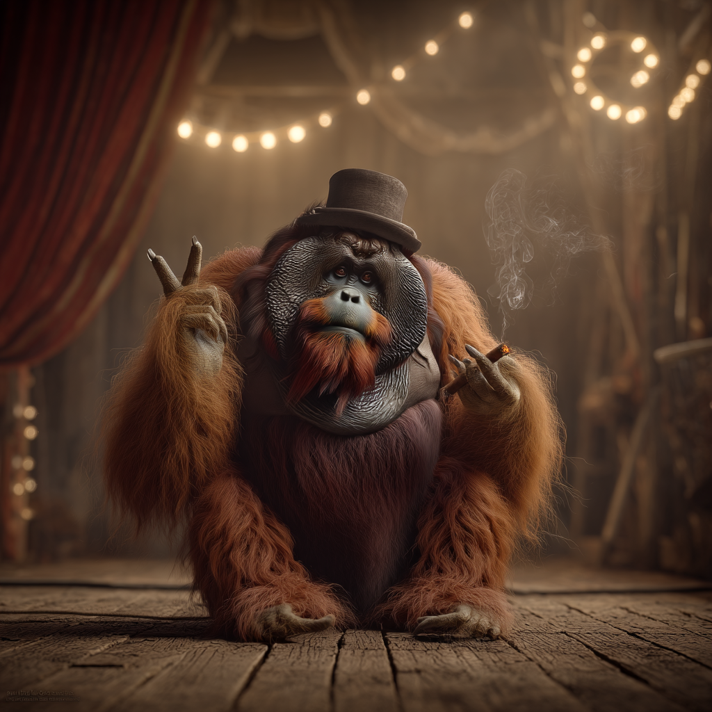 An orangutan in a bowler hat flashes a V-sign with a cigar in hand, channeling Winston Churchill—reminding us that LinkedIn impressions, like great impressions, win attention through iconic gestures.