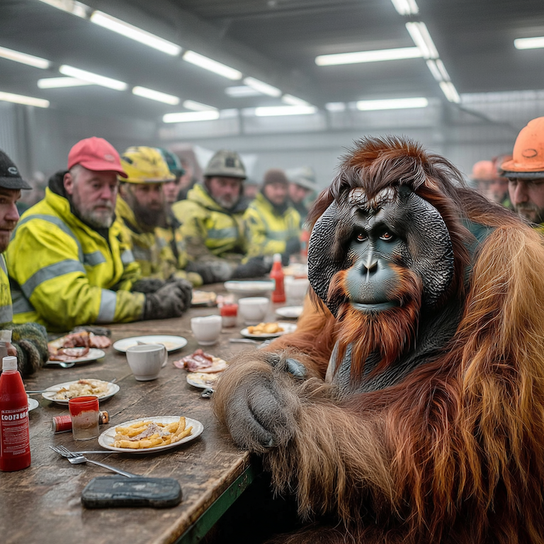An orangutan sits at a long break table with construction workers mid-meal, capturing digital marketing trends as shared moments of insight—learned in conversation, not presentations, when teams slow down and compare notes.