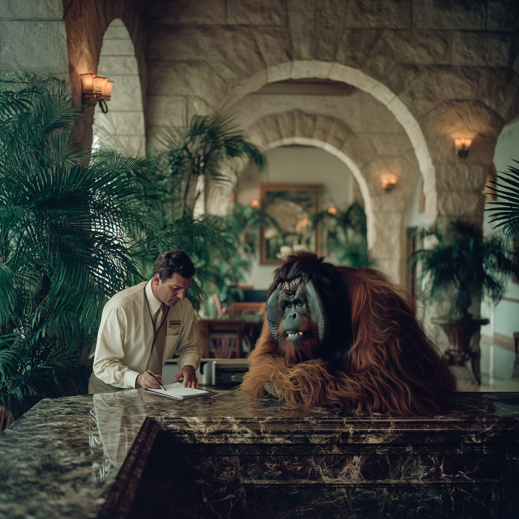 An orangutan checks in at a hotel front desk, like finding the best times to post on LinkedIn—arrival matters as much as presence.