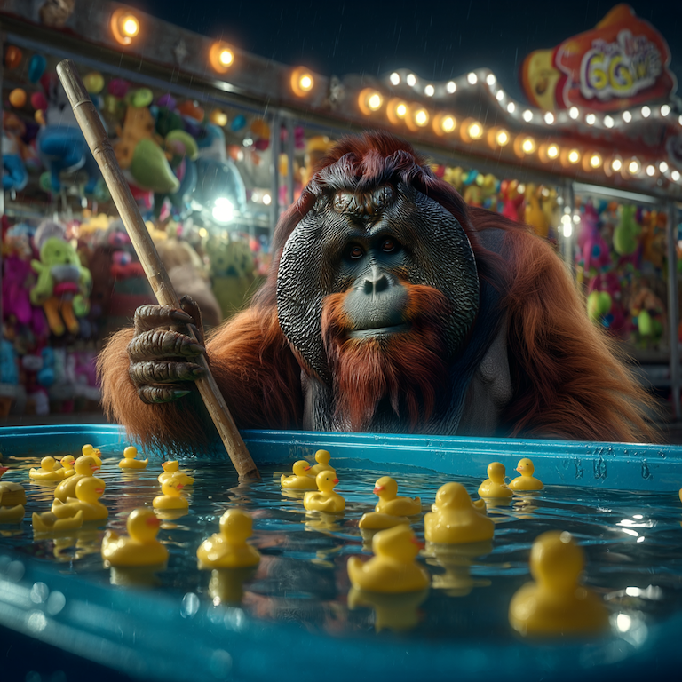 An orangutan playing the hook-a-duck game at a fairground stall, holding a stick above a pool of floating yellow ducks with prize toys hanging in the background.