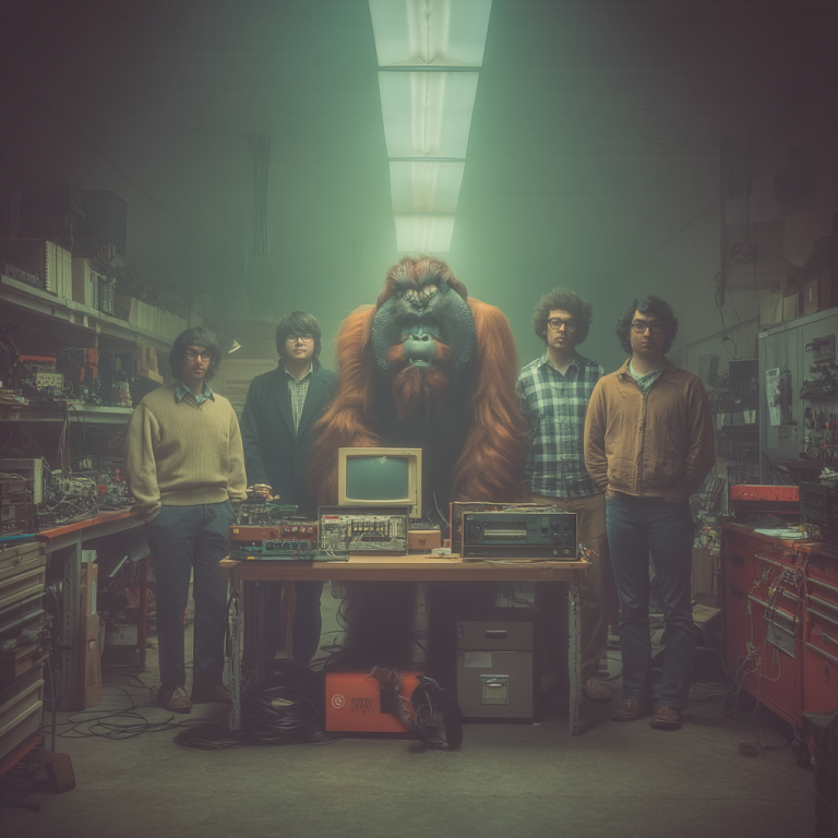 An orangutan standing with engineers in a cluttered workshop of circuit boards and old computers, symbolizing employee engagement as the inventive spark that powers collaboration.