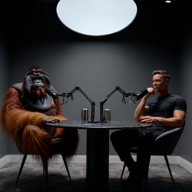 A hulking orangutan and a focused host record a podcast across a sleek table, as the ape leans into the mic like a sage strategist—an allegory for b2b content marketing where unexpected voices spark unforgettable authority.