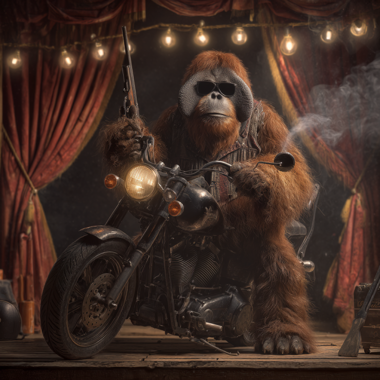An orangutan in shades astride a motorcycle with shotgun in hand channels Terminator 2—showing that LinkedIn impressions, like great impressions, stick in memory with an “I’ll be back” impact.