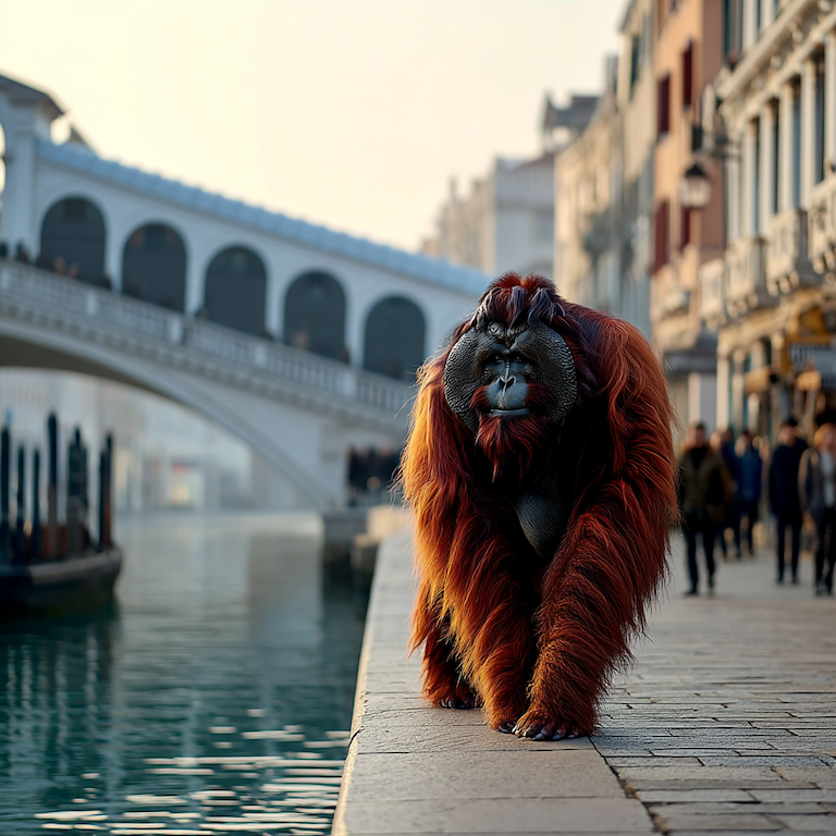 Orangutan strides thoughtfully along a Venetian canal beside an arched bridge, like asking “Is LinkedIn Premium worth it?” while deciding whether to cross into deeper investment or stay on familiar ground.