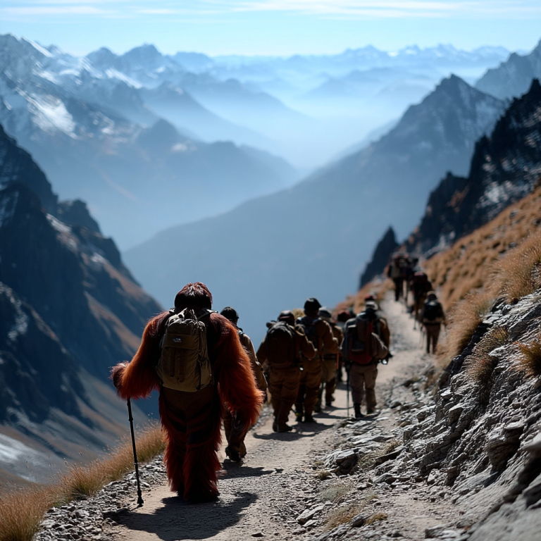 An orangutan hikes a narrow mountain trail with a group of trekkers, symbolizing the benefits of SWOT analysis by helping teams assess the terrain ahead and choose the smartest path forward.
