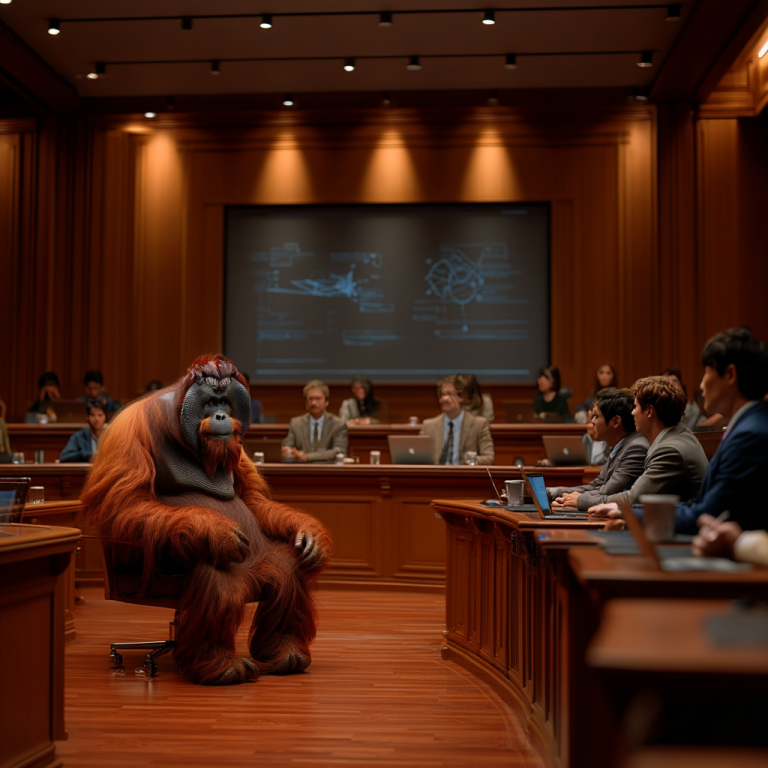 A contemplative orangutan sits in a polished parliamentary chamber surrounded by suited officials, echoing how b2b content marketing earns influence when a grounded, empathetic voice enters high-stakes conversations.