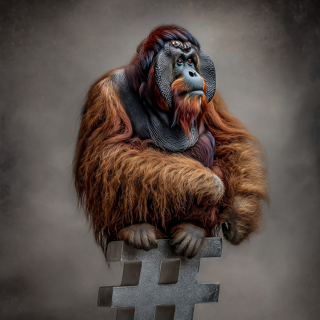A wise orangutan perched on a giant hashtag, pondering the jungle of marketing services where strategy beats noise.