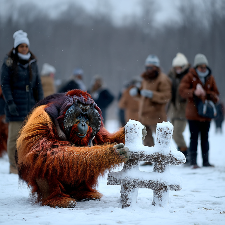 Orangutan crouches in the snow carving a chunky ice hashtag while bundled onlookers watch, like mastering LinkedIn hashtags to stand out in a crowded, wintry feed.