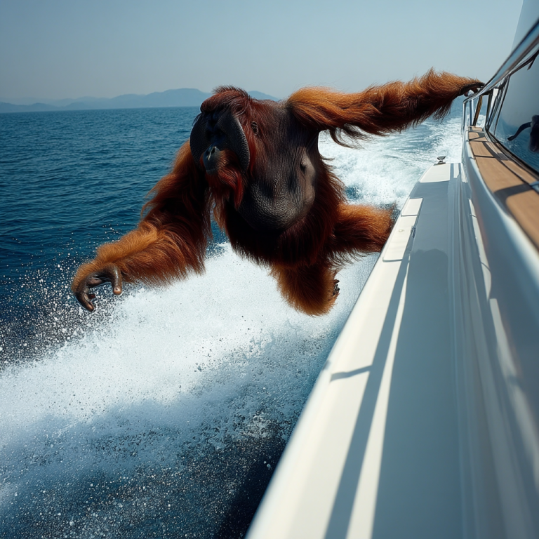 An orangutan clings to the side of a speeding yacht above churning water, like a content marketing strategy that takes bold, well-timed risks to keep momentum without losing its grip on the audience.