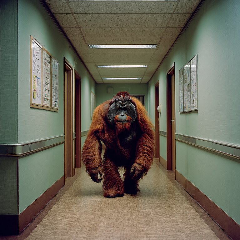 An orangutan strides confidently down a sterile office hallway, like keyword research leading a blog post through uncertainty with a clear, data-backed path forward.
