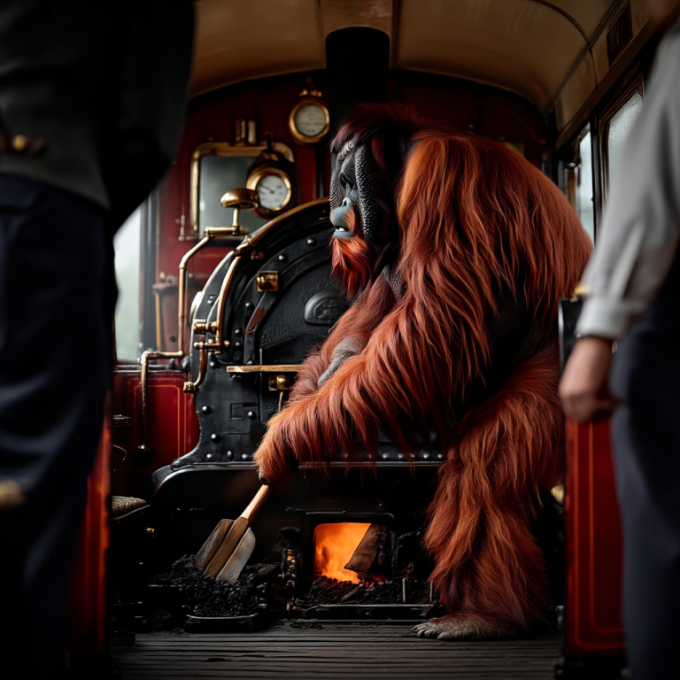 An orangutan shoveling coal into a steam engine’s firebox, showing how backlinks fuel a website’s momentum with steady, behind-the-scenes power.