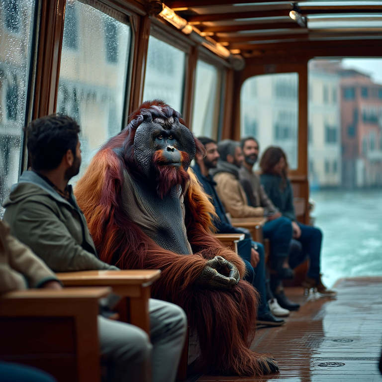 Orangutan sits among commuters on a rain-streaked water taxi, deep in thought, like weighing “Is LinkedIn Premium worth it?” before deciding if the faster lane is truly worth the ticket price.
