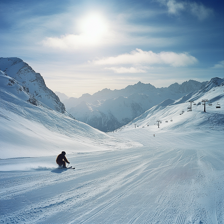 An orangutan carving gracefully down a wide alpine slope under a bright sun, mirroring how a clear vision statement guides momentum with calm precision.