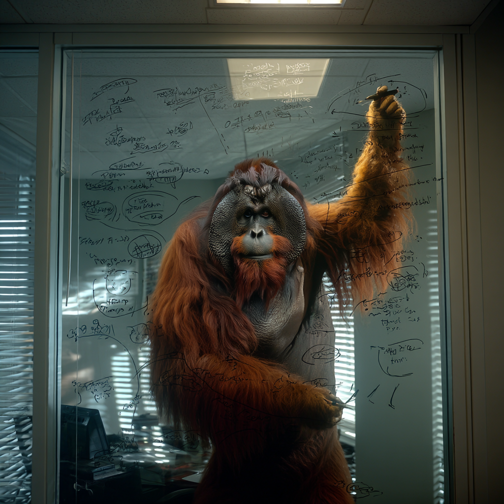 An orangutan writes dense notes across a glass wall filled with circled ideas and arrows, like keyword research mapping intent and opportunity to shape the ultimate guide for blog posts.