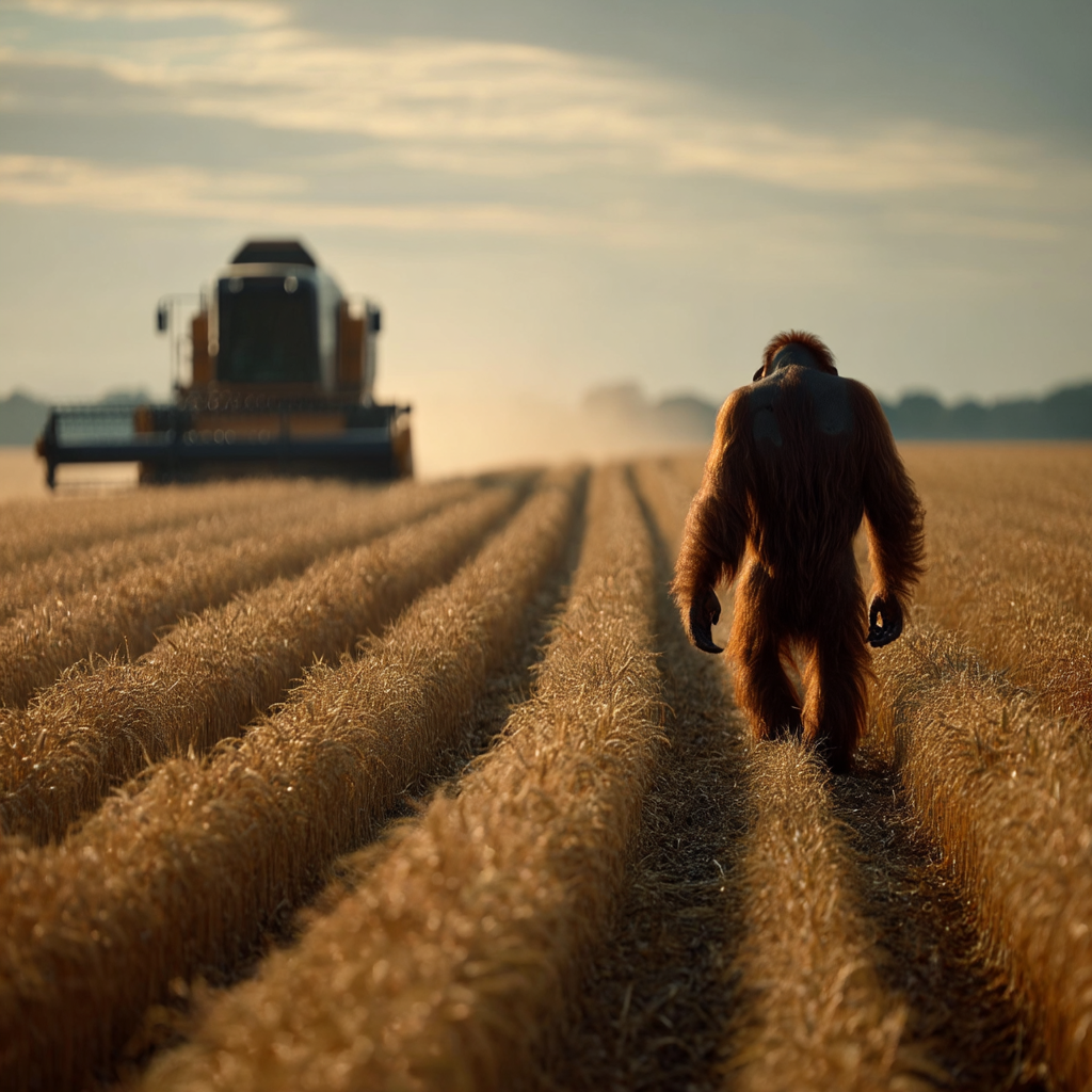 An orangutan walks straight down neatly harvested rows toward a distant combine, like how to submit your blog to search engines—move methodically, follow the structure, and let the machines find and process your work.