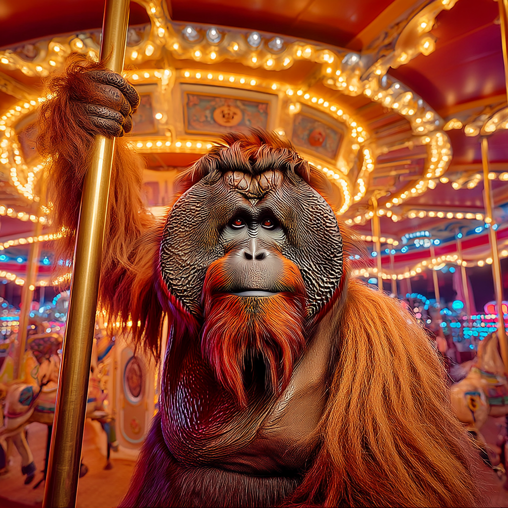 An orangutan holds onto the pole of a brightly lit carousel, surrounded by ornate horses and glowing fairground lights.  the right LinkedIn post format gives structure and flow, keeping attention moving in circles rather than spinning out of control.