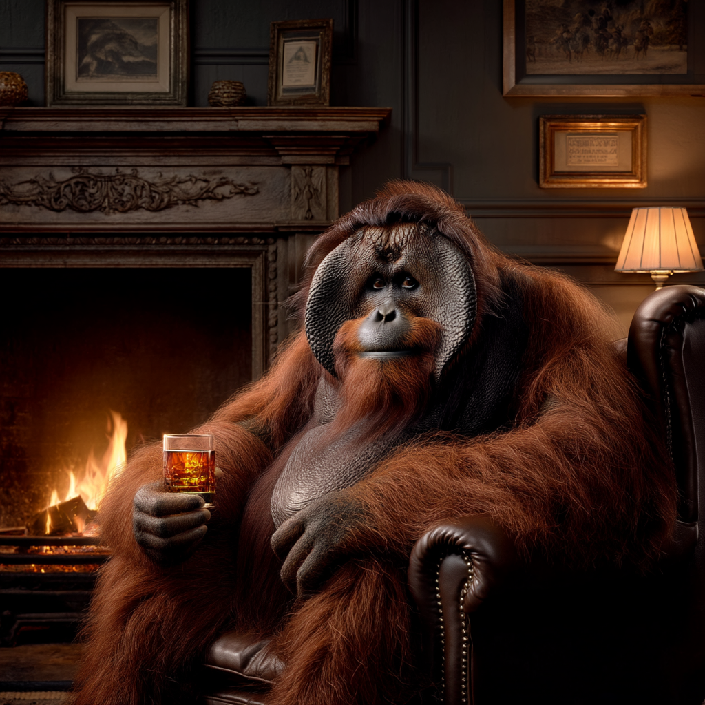 An orangutan relaxes in a leather chair by a fireplace holding a drink, like how to submit your blog to search engines—once everything’s set up correctly, you can sit back knowing your content is discoverable and working for you.
