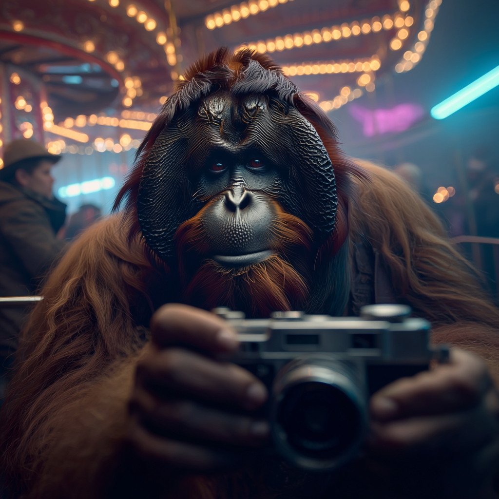 An adult male orangutan on a fairground ride holds a large 1990s camcorder, neon lights blurring in the background. Just as video brings energy to LinkedIn posts