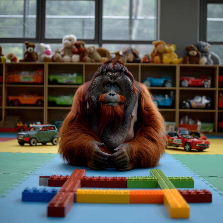 Orangutan lies on a playroom mat arranging colorful block hashtags while toy cars and teddy bears line the shelves, like experimenting with LinkedIn hashtags in a safe sandbox before taking your message to the big leagues.