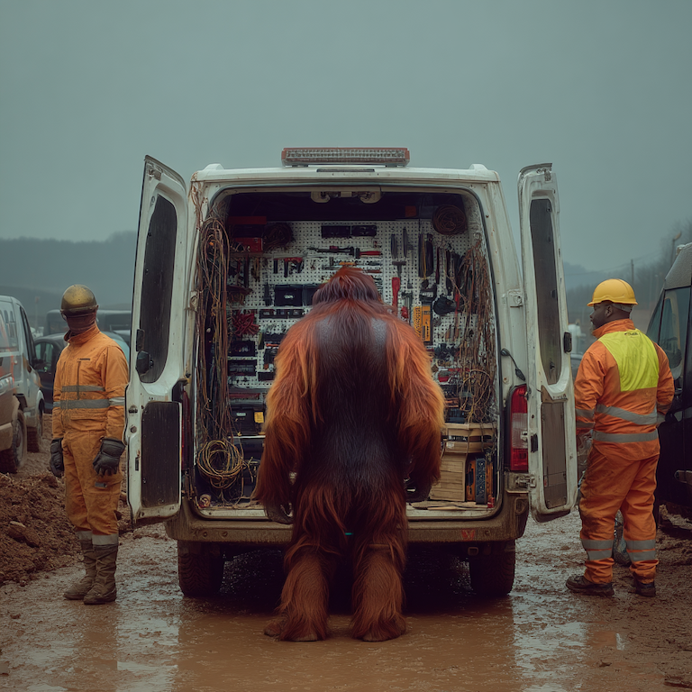 An orangutan stands at the back of an open service van packed with tools while workers look on, embodying digital marketing trends as hands-on problem-solving—messy, technical, and figured out in the field, not from the sidelines.