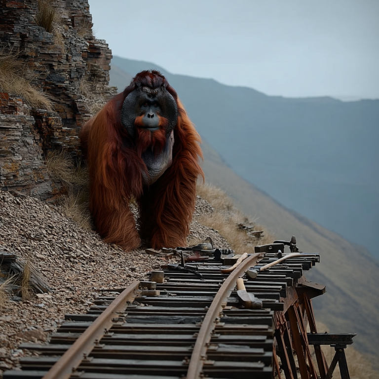 An orangutan inspecting a broken mountainside railway, symbolizing how weak backlinks can derail even the strongest site’s climb to visibility.
