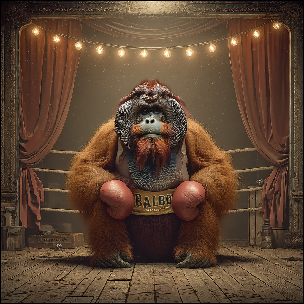 An orangutan in boxing gloves and trunks strikes a Rocky Balboa pose under the lights—showing how LinkedIn impressions, like spot-on impressions, pack power by being instantly recognizable.