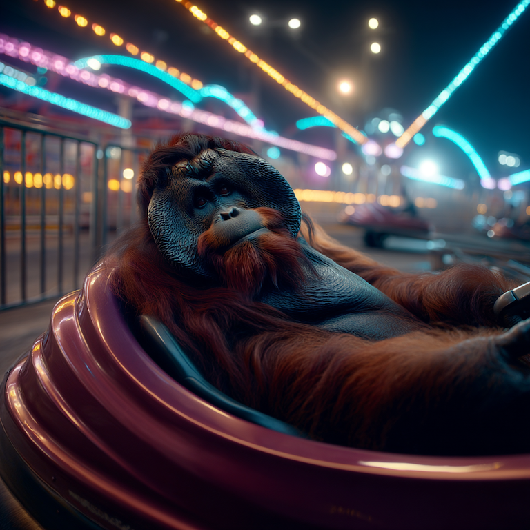 An orangutan sits strapped into a fairground ride seat among human riders, illuminated by bright lights overhead.