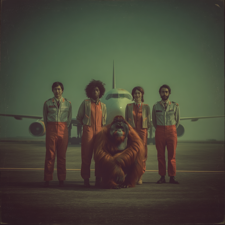 An orangutan crouched with ground crew in front of an airplane, symbolizing employee engagement as the teamwork that keeps everything ready for takeoff.