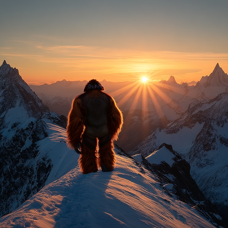 An orangutan standing on a narrow snowy ridge at sunrise, embodying how a vision statement lets you face the horizon with quiet certainty and choose your next step with purpose.