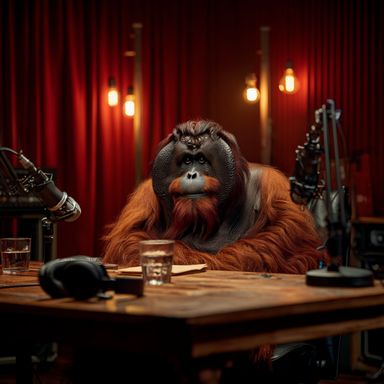 An intense orangutan sits at a podcast table surrounded by mics and warm studio lights, poised like a quiet mastermind—an allegory for b2b content marketing where thoughtful presence turns into magnetic authority.