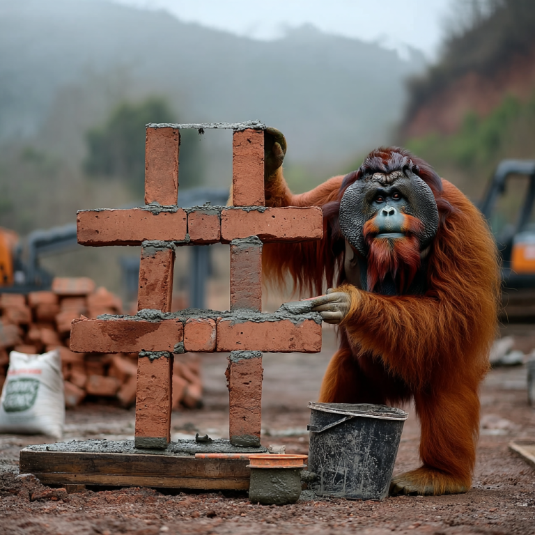 Orangutan carefully stacks bricks into a bold hashtag at a dusty construction site, like building LinkedIn hashtags on a solid foundation so your visibility doesn’t crumble under pressure.