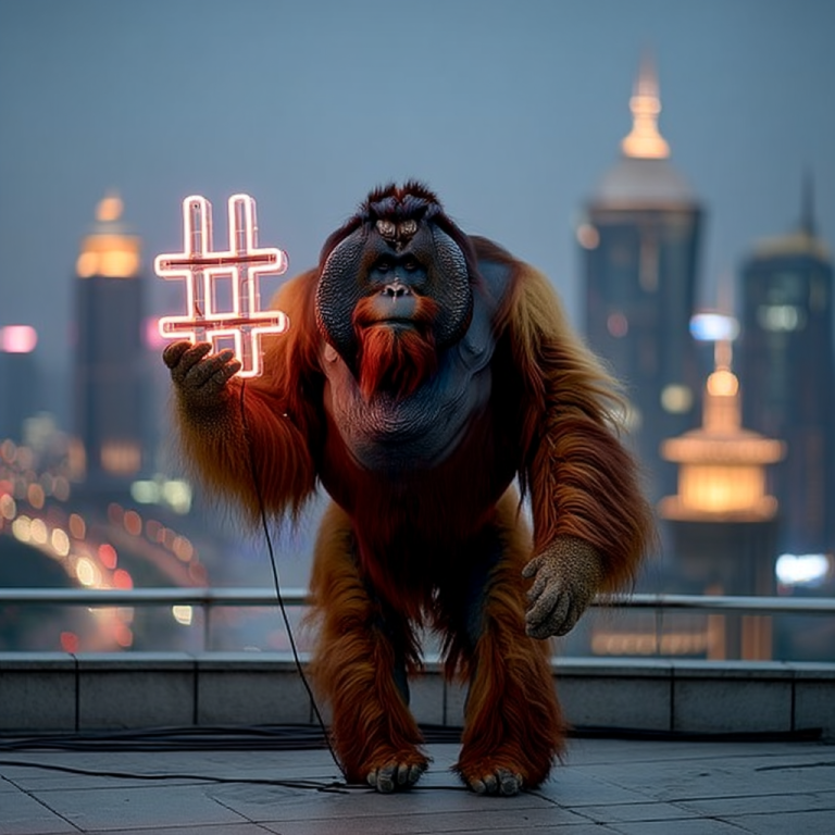 Orangutan stands on a rooftop at dusk holding a glowing neon hashtag against the city skyline, like using LinkedIn hashtags as bright signals that make your expertise impossible to miss.