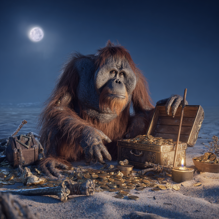 An orangutan pirate hunched over a chest of gold under the moonlight, like an overdrawn director’s loan account clutching treasure that never really belongs to them.