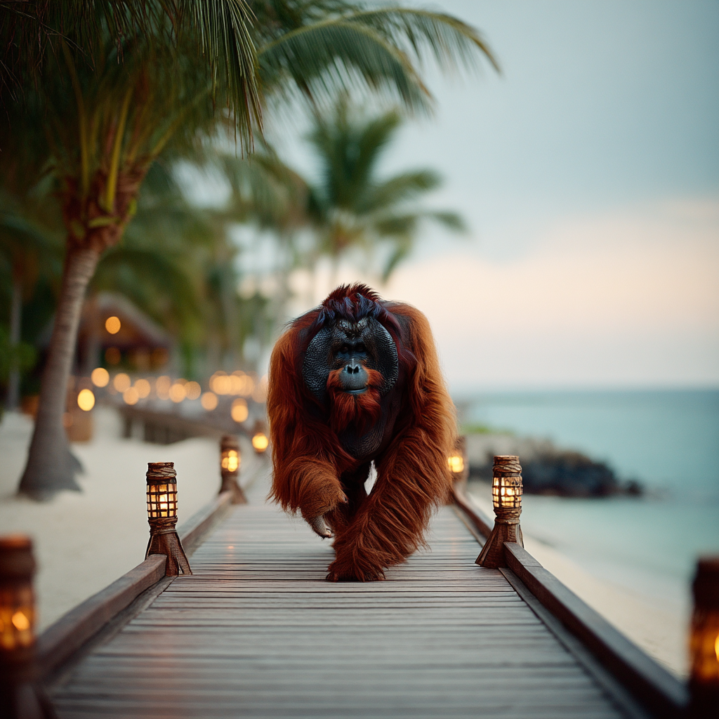 An orangutan strolls down a torch-lit boardwalk at sunset, like posting on LinkedIn at peak hours—step into the glow and you’ll be seen.