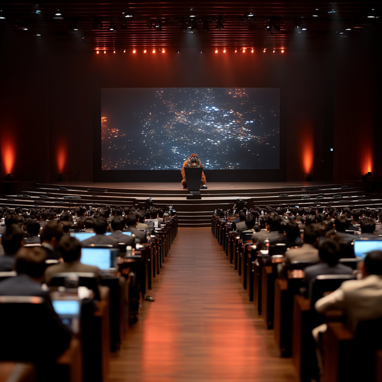 An orangutan stands at a glowing conference podium before rows of attendees, illustrating how b2b content marketing shines brightest when a singular insight lights up an entire audience.