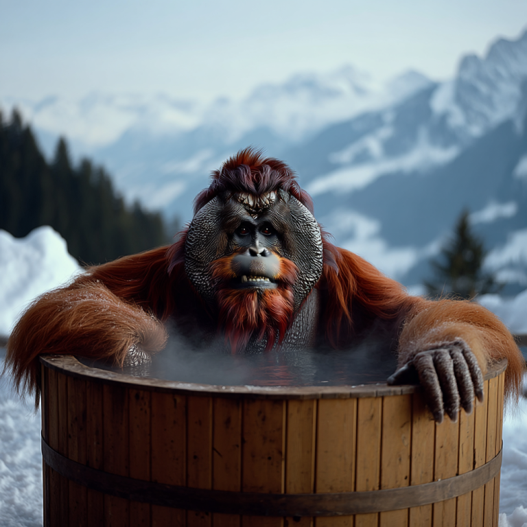 An orangutan soaking in a steaming wooden hot tub amid snowy peaks, reflecting how a vision statement brings warm clarity even in the coldest complexity.