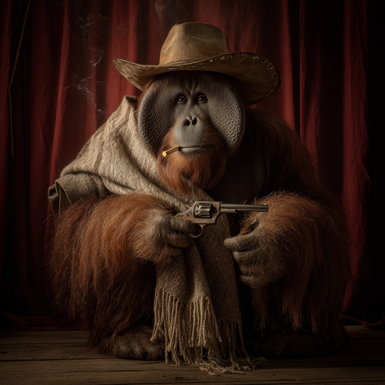 An orangutan in a cowboy hat with poncho, revolver, and smoldering cigar channels a spaghetti western gunslinger—because LinkedIn impressions, like great impressions, win the standoff by striking fast and memorable.