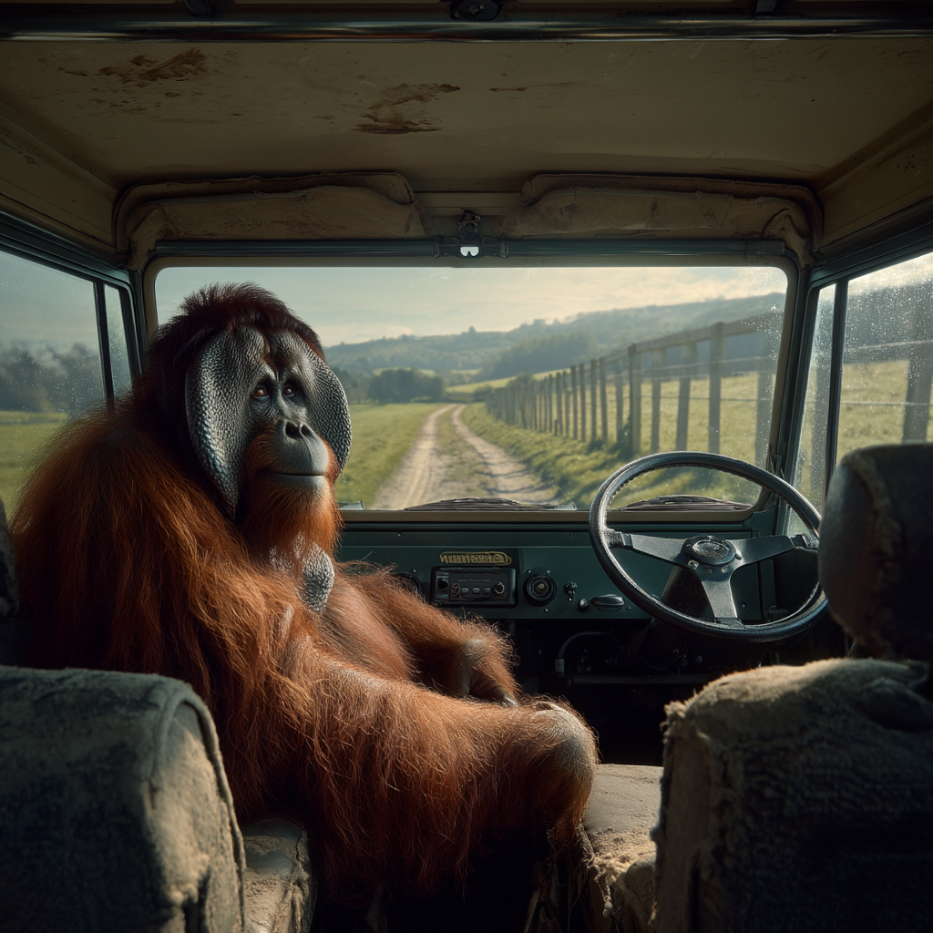 An orangutan sits calmly in the driver’s seat of a vintage truck on a long country road, like learning how to submit your blog to search engines—point it in the right direction, start the engine, and let discovery do the driving.