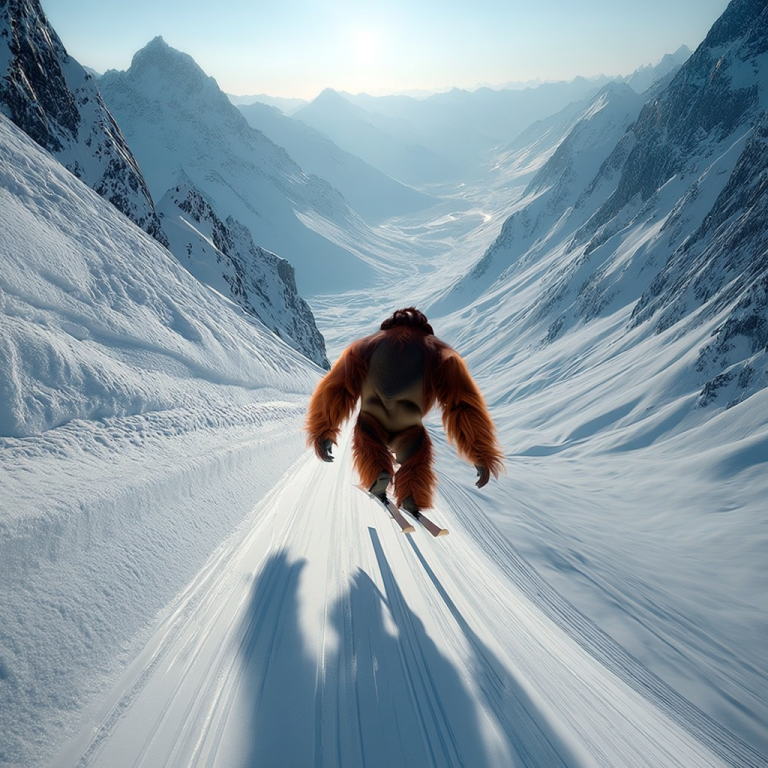 An orangutan trudges downhill through a steep, snowy mountain corridor, like SEO blog writing that keeps moving methodically toward rankings even when the path is unforgiving.