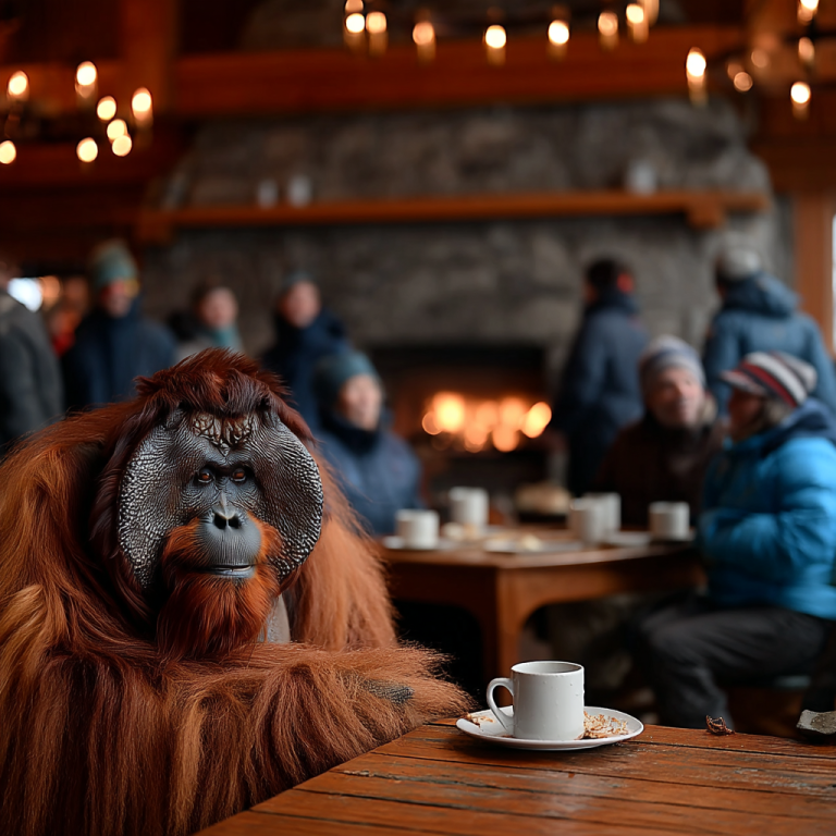 An orangutan sits at a wooden café table with a coffee while people chat warmly behind it, like SEO blog writing that blends into real conversations and earns attention without shouting.