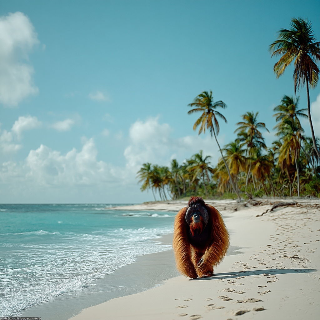 An orangutan strolls down the beach, like posting on LinkedIn at peak hours—step into the light and you’ll be seen.