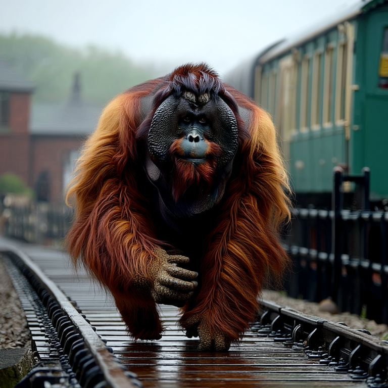 An orangutan striding confidently along wet railway tracks, capturing how strong backlinks keep a site moving forward even through the fog of competition.
