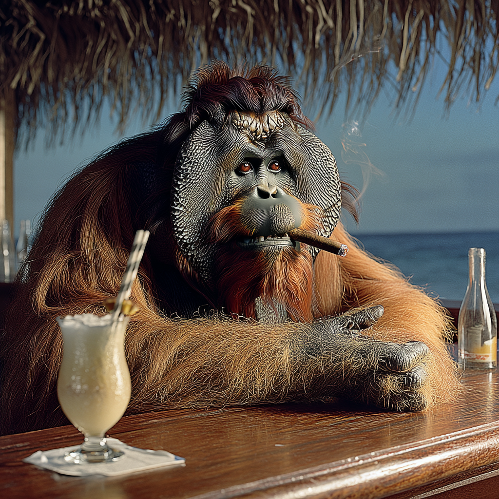 An orangutan smokes a cigar at a beach bar, like posting on LinkedIn at the best times—savor the moment and your message lingers longer.