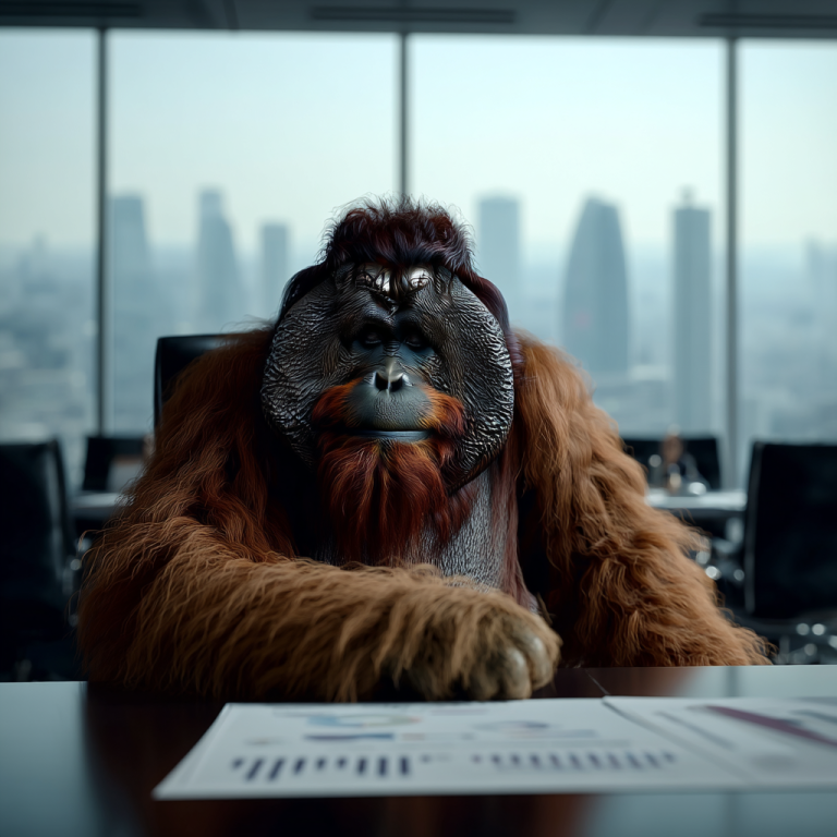 An orangutan sits at a conference table reviewing charts, like a social media manager calmly translating performance data into strategy before the next decisive move.