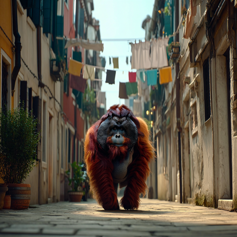 Orangutan strides down a narrow Venetian alley beneath fluttering laundry lines, like asking “Is LinkedIn Premium worth it?” while choosing whether to confidently forge your own path or follow the crowded route.