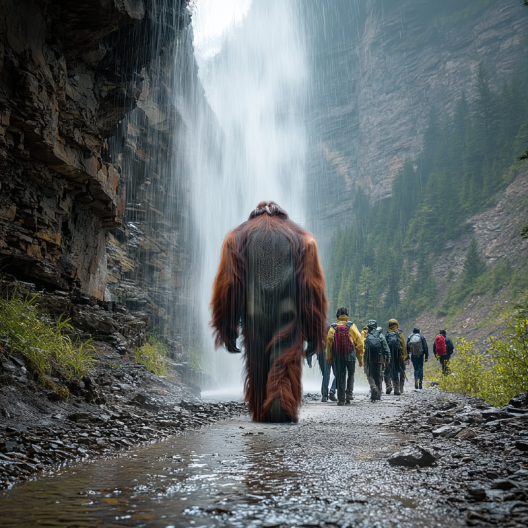 A lone orangutan trudges behind a line of hikers beneath a thundering waterfall in a narrow canyon, mirroring how fear of failure can loom heavy at the back of a journey, slowing progress even when the path is clear.
